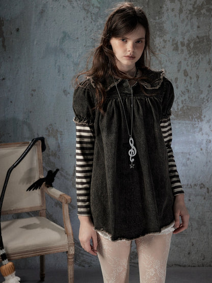 Striped Patchwork Denim Skirt Fake Two Doll Collar Dress【s0000018399】