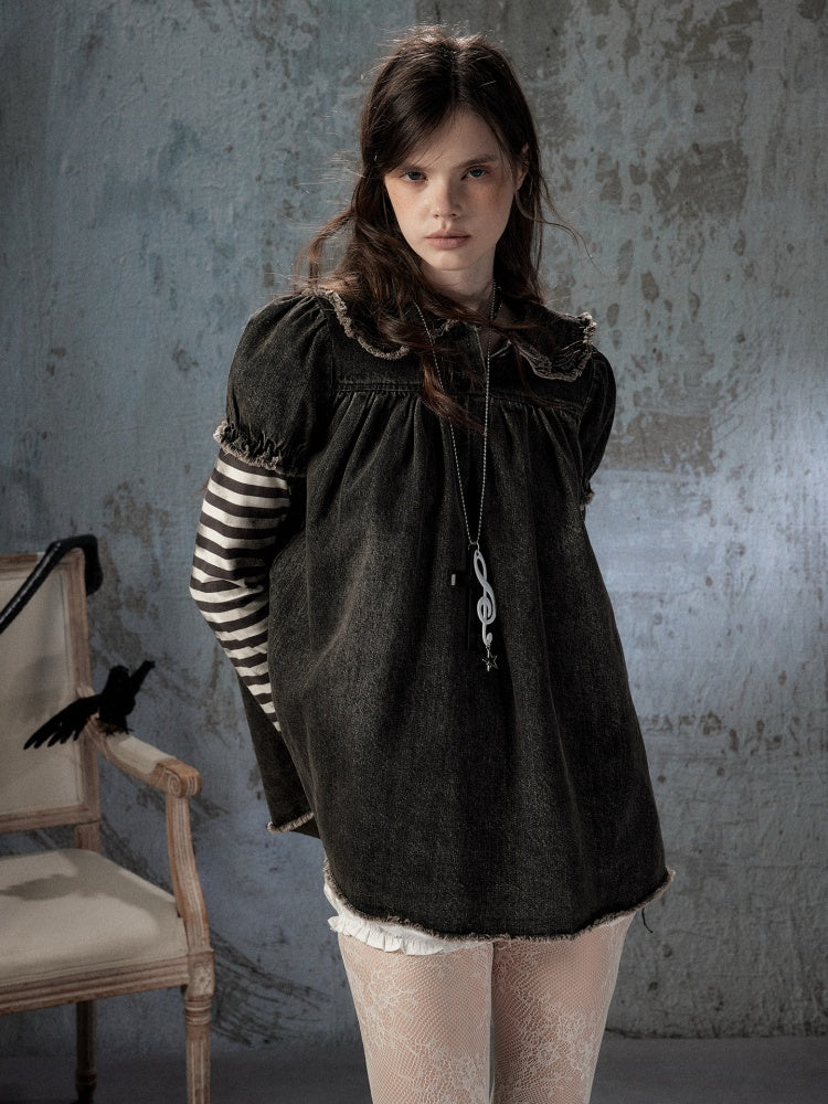 Striped Patchwork Denim Skirt Fake Two Doll Collar Dress【s0000018399】