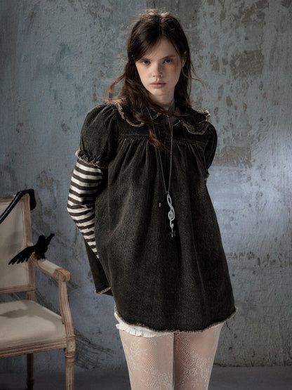 Striped Patchwork Denim Skirt Fake Two Doll Collar Dress【s0000018399】