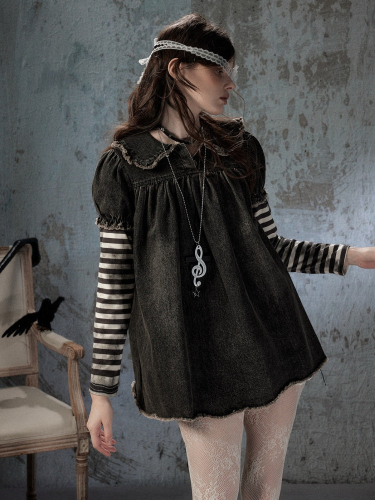 Striped Patchwork Denim Skirt Fake Two Doll Collar Dress【s0000018399】