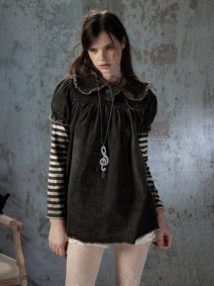 Striped Patchwork Denim Skirt Fake Two Doll Collar Dress【s0000018399】