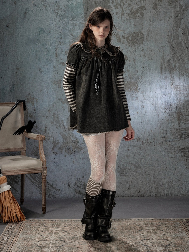 Striped Patchwork Denim Skirt Fake Two Doll Collar Dress【s0000018399】