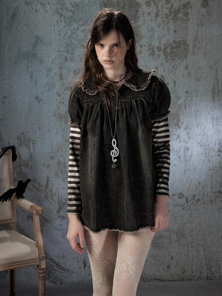 Striped Patchwork Denim Skirt Fake Two Doll Collar Dress【s0000018399】