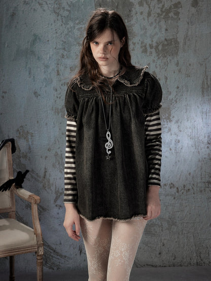 Striped Patchwork Denim Skirt Fake Two Doll Collar Dress【s0000018399】