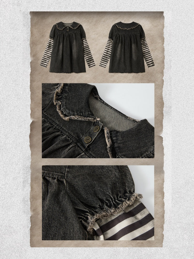 Striped Patchwork Denim Skirt Fake Two Doll Collar Dress【s0000018399】