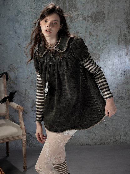 Striped Patchwork Denim Skirt Fake Two Doll Collar Dress【s0000018399】