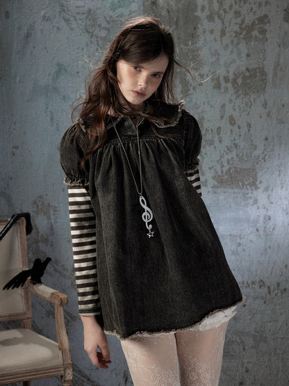 Striped Patchwork Denim Skirt Fake Two Doll Collar Dress【s0000018399】