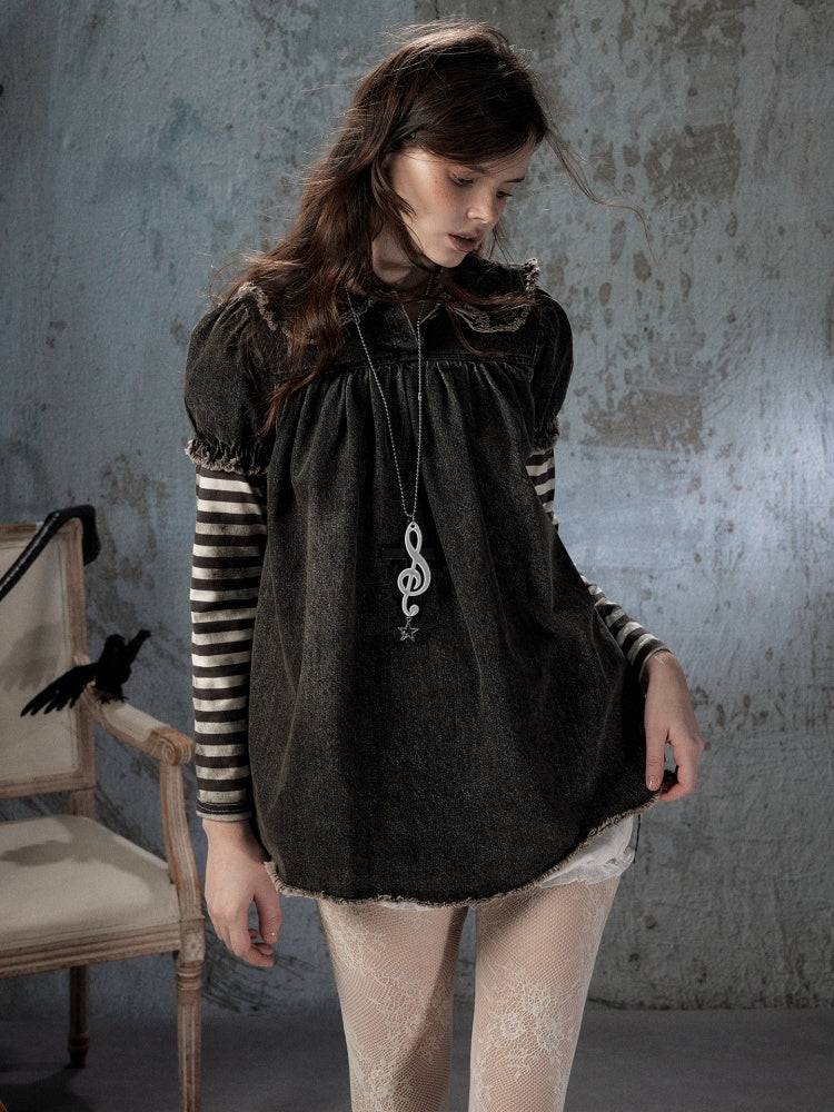 Striped Patchwork Denim Skirt Fake Two Doll Collar Dress【s0000018399】
