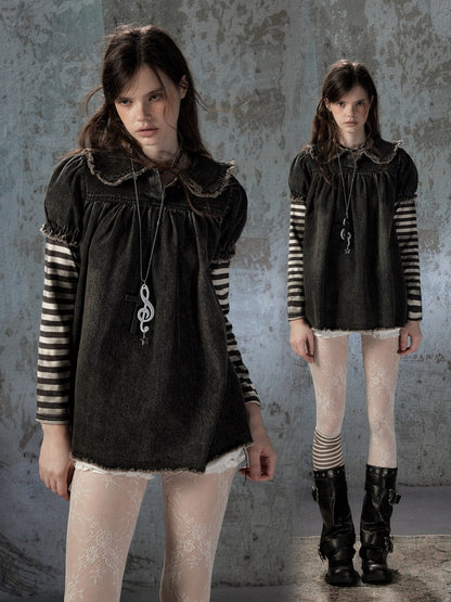 Striped Patchwork Denim Skirt Fake Two Doll Collar Dress【s0000018399】