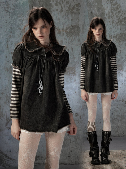 Striped Patchwork Denim Skirt Fake Two Doll Collar Dress【s0000018399】