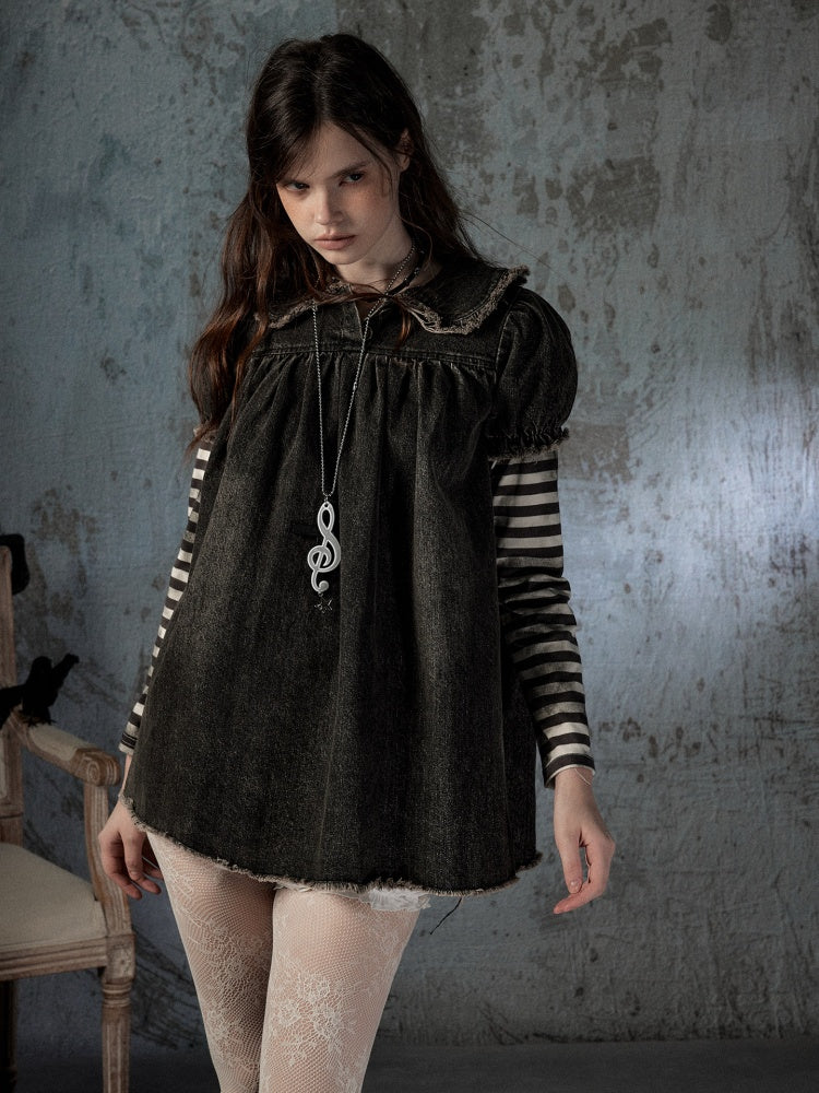 Striped Patchwork Denim Skirt Fake Two Doll Collar Dress【s0000018399】