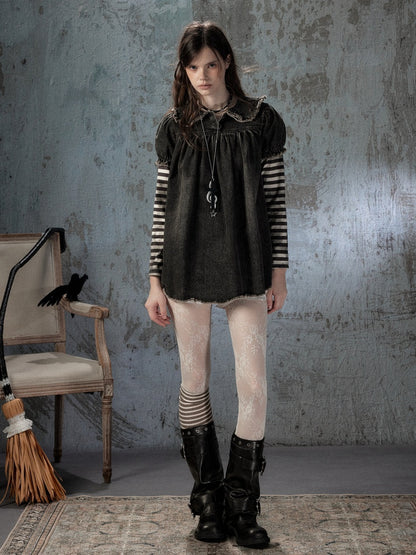 Striped Patchwork Denim Skirt Fake Two Doll Collar Dress【s0000018399】