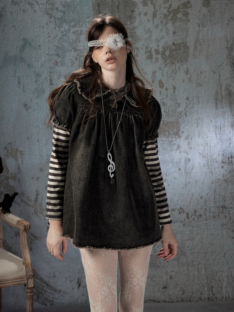 Striped Patchwork Denim Skirt Fake Two Doll Collar Dress【s0000018399】