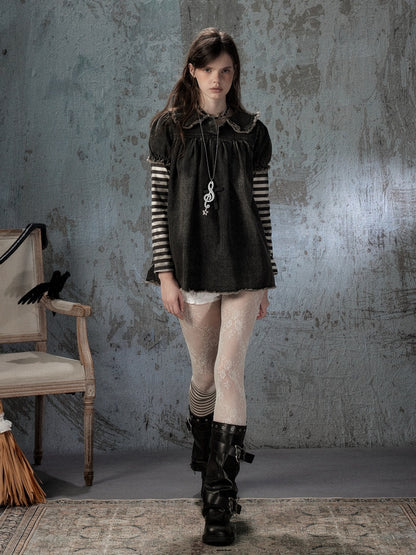 Striped Patchwork Denim Skirt Fake Two Doll Collar Dress【s0000018399】