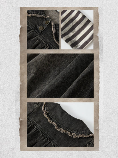 Striped Patchwork Denim Skirt Fake Two Doll Collar Dress【s0000018399】