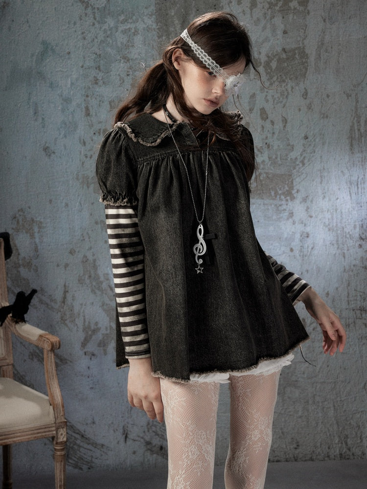 Striped Patchwork Denim Skirt Fake Two Doll Collar Dress【s0000018399】