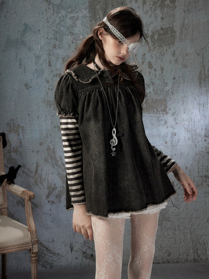 Striped Patchwork Denim Skirt Fake Two Doll Collar Dress【s0000018399】