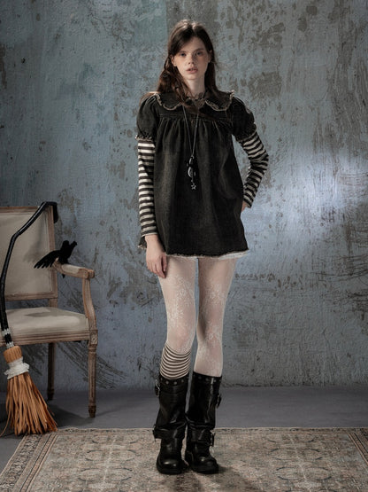 Striped Patchwork Denim Skirt Fake Two Doll Collar Dress【s0000018399】