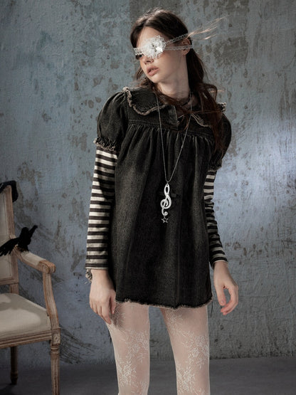 Striped Patchwork Denim Skirt Fake Two Doll Collar Dress【s0000018399】