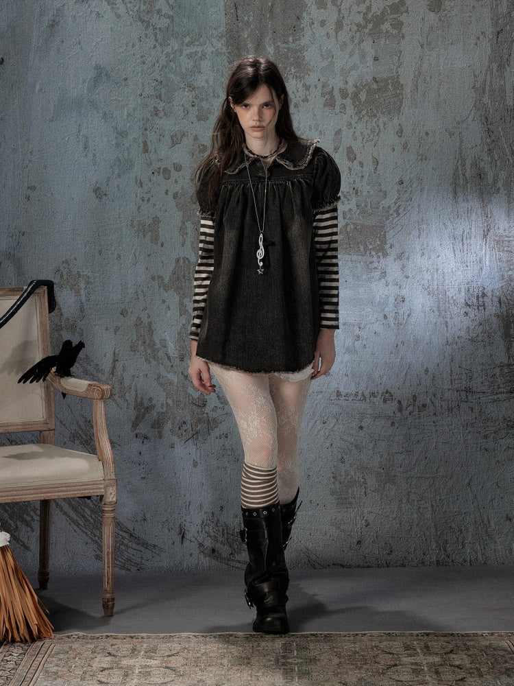 Striped Patchwork Denim Skirt Fake Two Doll Collar Dress【s0000018399】
