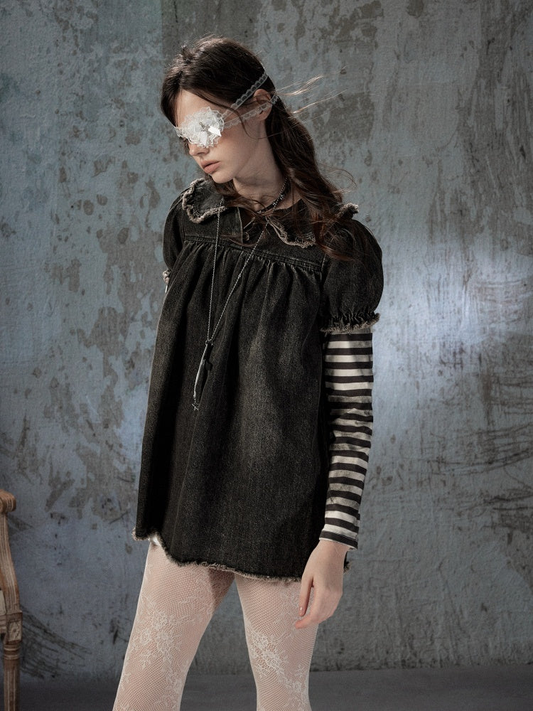 Striped Patchwork Denim Skirt Fake Two Doll Collar Dress【s0000018399】