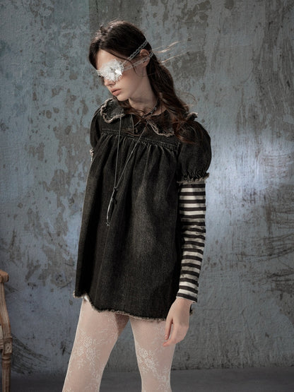 Striped Patchwork Denim Skirt Fake Two Doll Collar Dress【s0000018399】