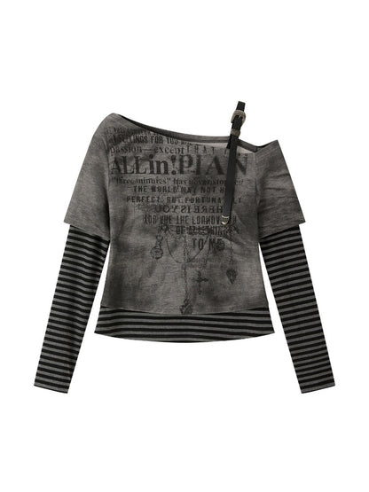 Striped Cross-Shoulder Patchwork Fake Two-Piece Off-Shoulder Long Sleeve T-Shirt【s0000018400】