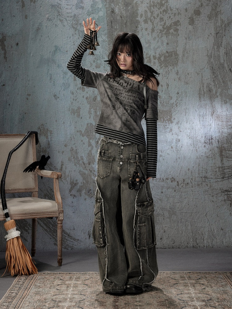 Striped Cross-Shoulder Patchwork Fake Two-Piece Off-Shoulder Long Sleeve T-Shirt【s0000018400】