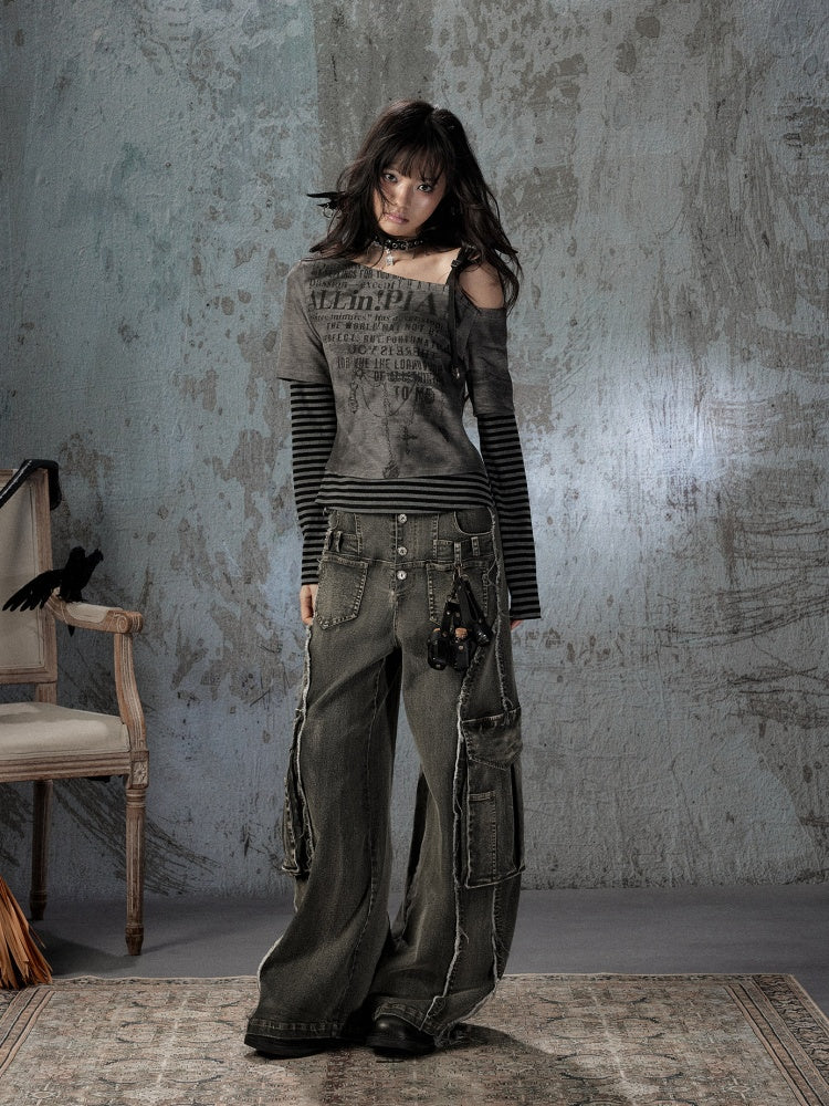 Striped Cross-Shoulder Patchwork Fake Two-Piece Off-Shoulder Long Sleeve T-Shirt【s0000018400】