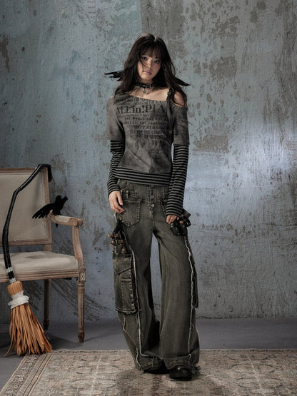 Striped Cross-Shoulder Patchwork Fake Two-Piece Off-Shoulder Long Sleeve T-Shirt【s0000018400】