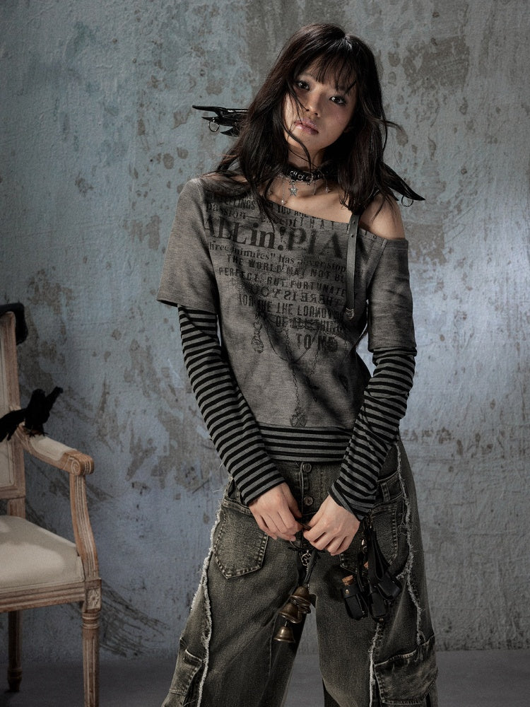 Striped Cross-Shoulder Patchwork Fake Two-Piece Off-Shoulder Long Sleeve T-Shirt【s0000018400】