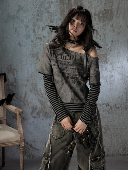 Striped Cross-Shoulder Patchwork Fake Two-Piece Off-Shoulder Long Sleeve T-Shirt【s0000018400】