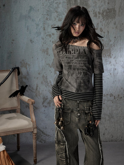 Striped Cross-Shoulder Patchwork Fake Two-Piece Off-Shoulder Long Sleeve T-Shirt【s0000018400】