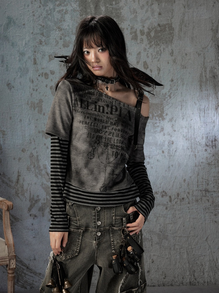 Striped Cross-Shoulder Patchwork Fake Two-Piece Off-Shoulder Long Sleeve T-Shirt【s0000018400】