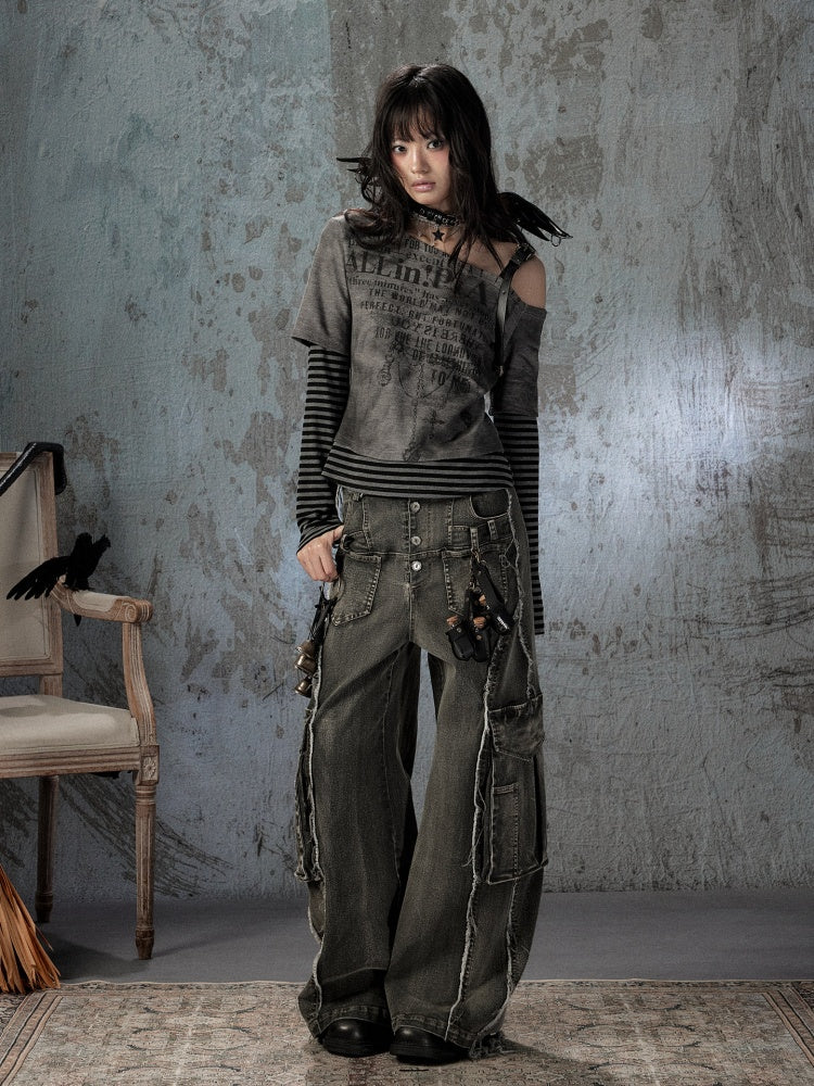 Striped Cross-Shoulder Patchwork Fake Two-Piece Off-Shoulder Long Sleeve T-Shirt【s0000018400】