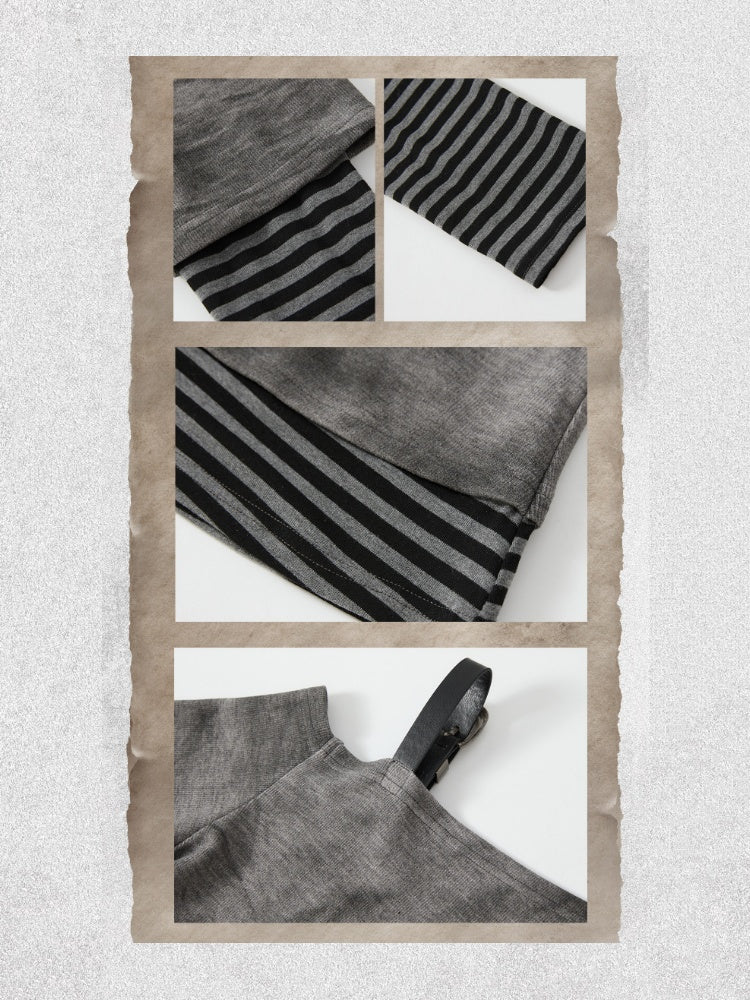 Striped Cross-Shoulder Patchwork Fake Two-Piece Off-Shoulder Long Sleeve T-Shirt【s0000018400】