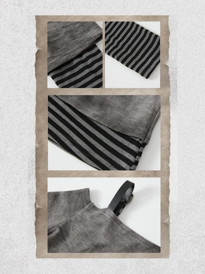 Striped Cross-Shoulder Patchwork Fake Two-Piece Off-Shoulder Long Sleeve T-Shirt【s0000018400】