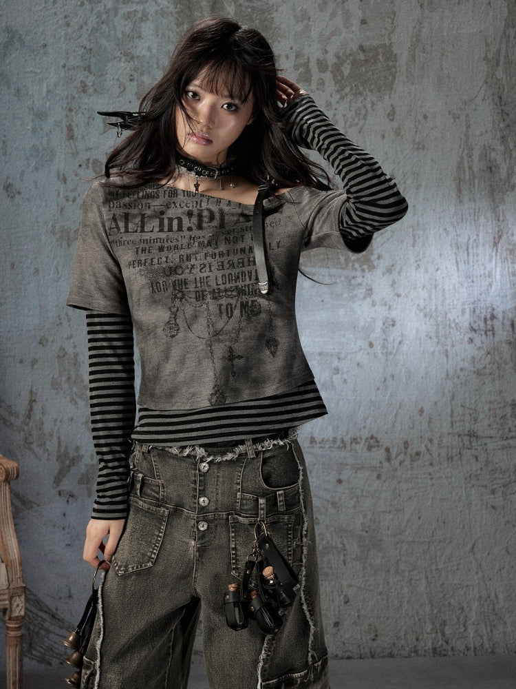 Striped Cross-Shoulder Patchwork Fake Two-Piece Off-Shoulder Long Sleeve T-Shirt【s0000018400】