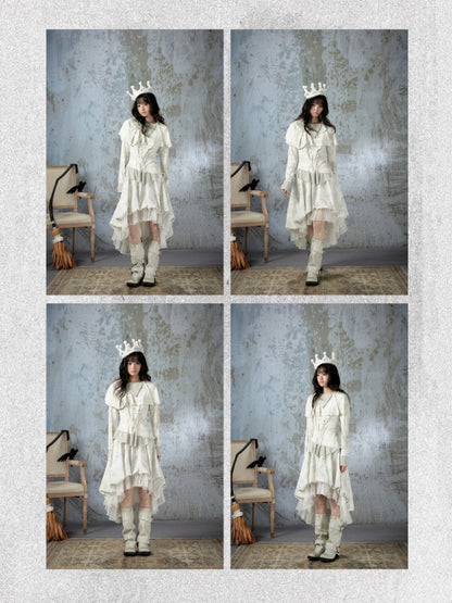 White Lace Elastic Waist Asymmetrical Half Cake Skirt【s0000018401】