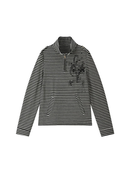 Half Zipper Collar Striped Long-Sleeve T-Shirt【s0000018402】