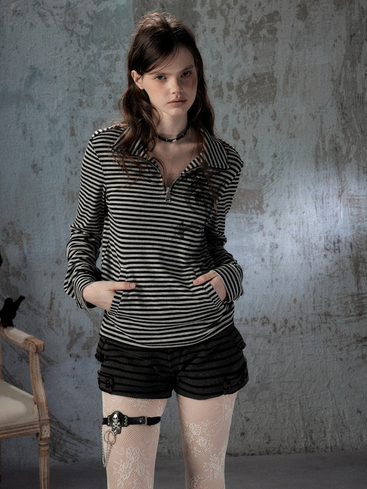 Half Zipper Collar Striped Long-Sleeve T-Shirt【s0000018402】