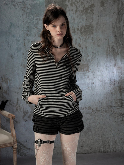 Half Zipper Collar Striped Long-Sleeve T-Shirt【s0000018402】