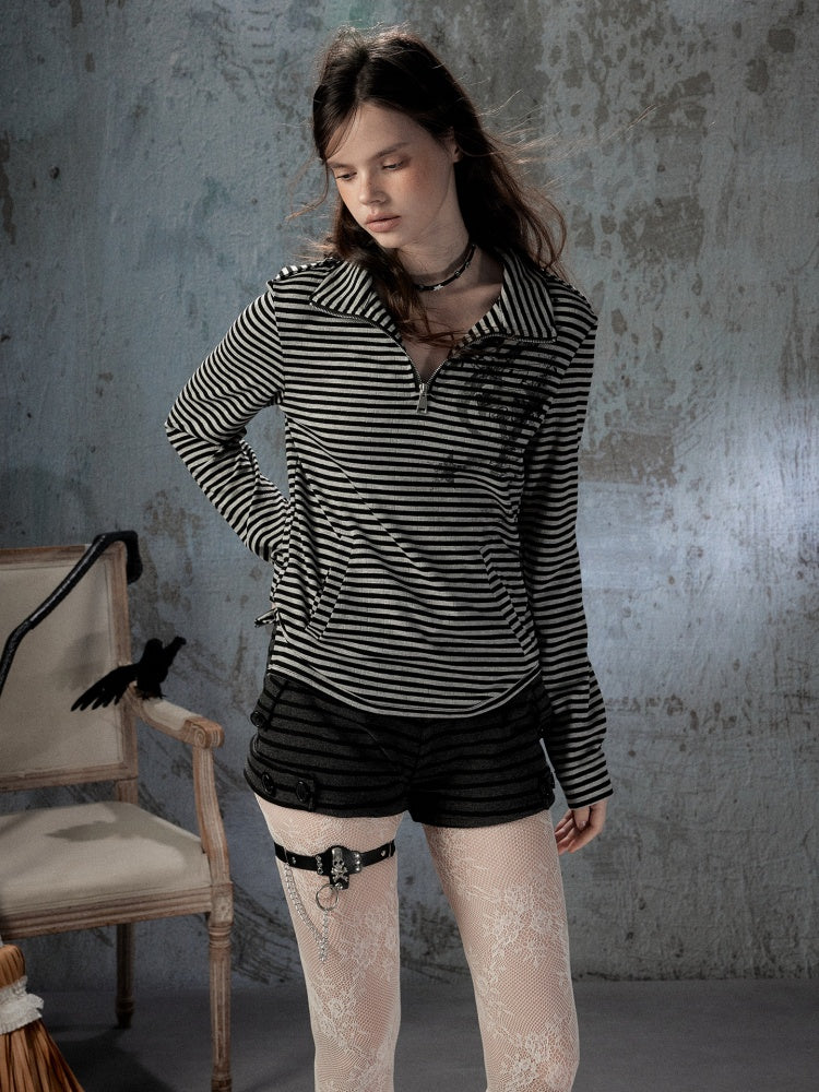 Half Zipper Collar Striped Long-Sleeve T-Shirt【s0000018402】