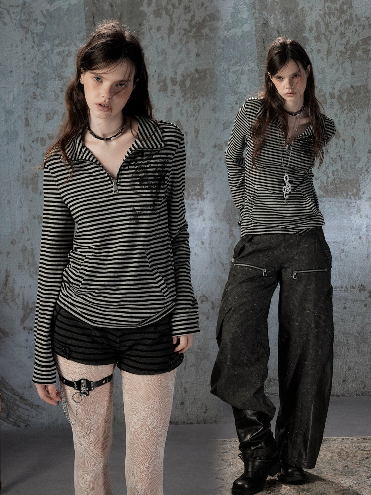 Half Zipper Collar Striped Long-Sleeve T-Shirt【s0000018402】