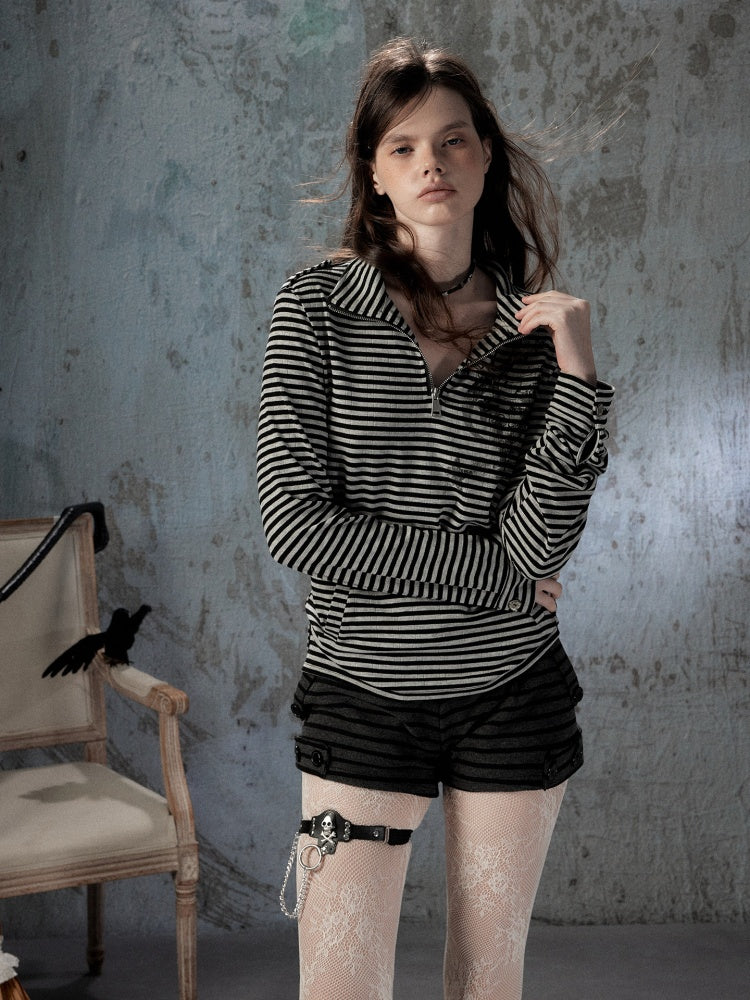 Half Zipper Collar Striped Long-Sleeve T-Shirt【s0000018402】