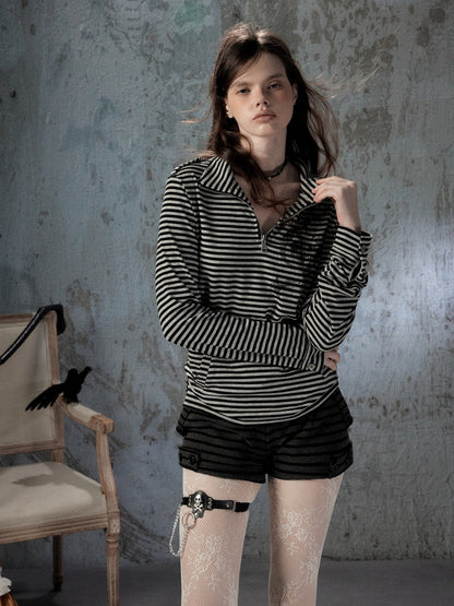 Half Zipper Collar Striped Long-Sleeve T-Shirt【s0000018402】