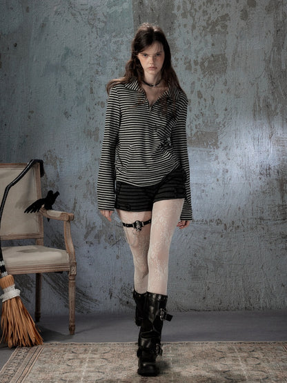 Half Zipper Collar Striped Long-Sleeve T-Shirt【s0000018402】