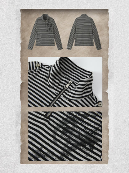 Half Zipper Collar Striped Long-Sleeve T-Shirt【s0000018402】