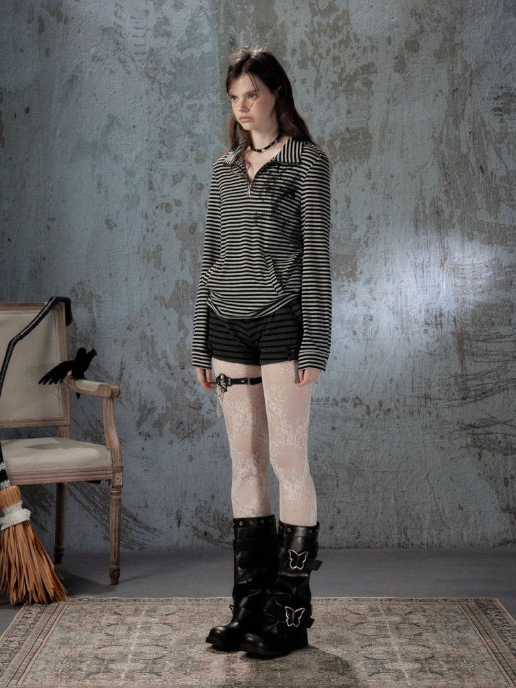 Half Zipper Collar Striped Long-Sleeve T-Shirt【s0000018402】