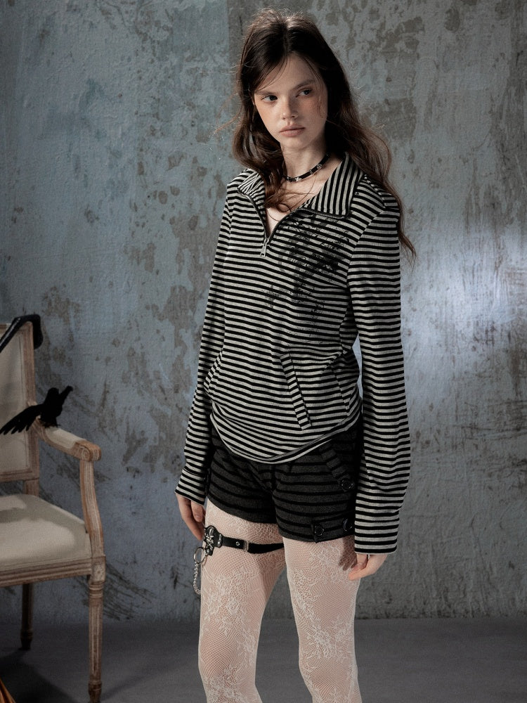 Half Zipper Collar Striped Long-Sleeve T-Shirt【s0000018402】